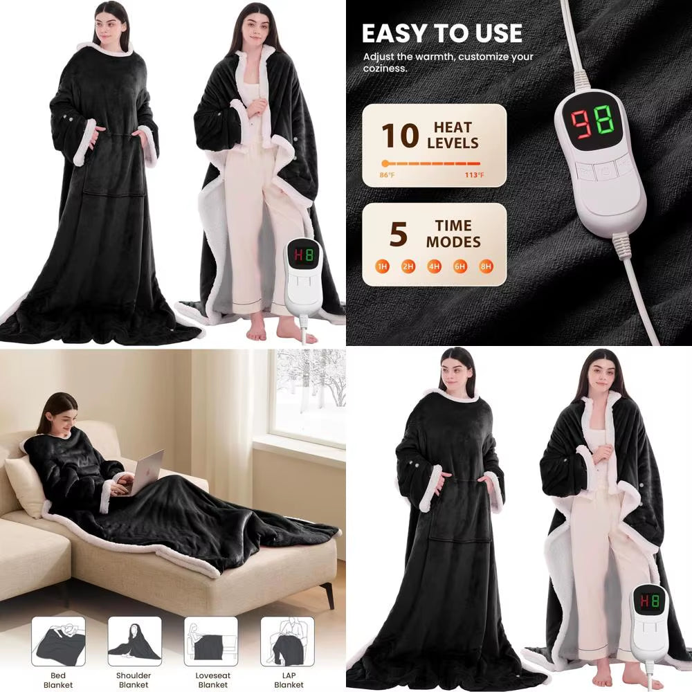 Wearable Electric Heated Blanket with Sleeves & Foot Pockets - 10-Level Adjustable Heating Flannel Robe for Adults (50X75, Black