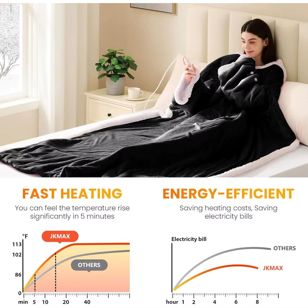 Wearable Electric Heated Blanket with Sleeves & Foot Pockets - 10-Level Adjustable Heating Flannel Robe for Adults (50X75, Black