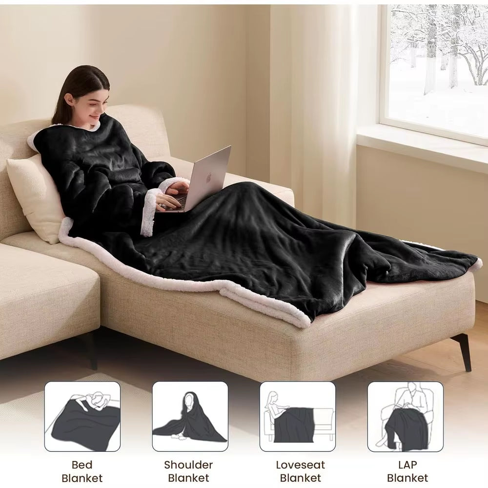 Wearable Electric Heated Blanket with Sleeves & Foot Pockets - 10-Level Adjustable Heating Flannel Robe for Adults (50X75, Black