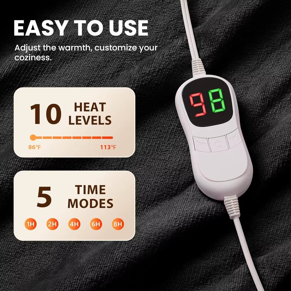 Wearable Electric Heated Blanket with Sleeves & Foot Pockets - 10-Level Adjustable Heating Flannel Robe for Adults (50X75, Black