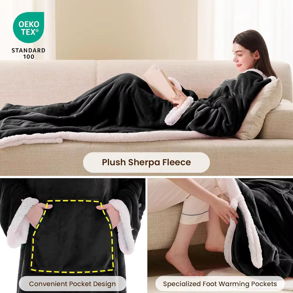 Wearable Electric Heated Blanket with Sleeves & Foot Pockets - 10-Level Adjustable Heating Flannel Robe for Adults (50X75, Black