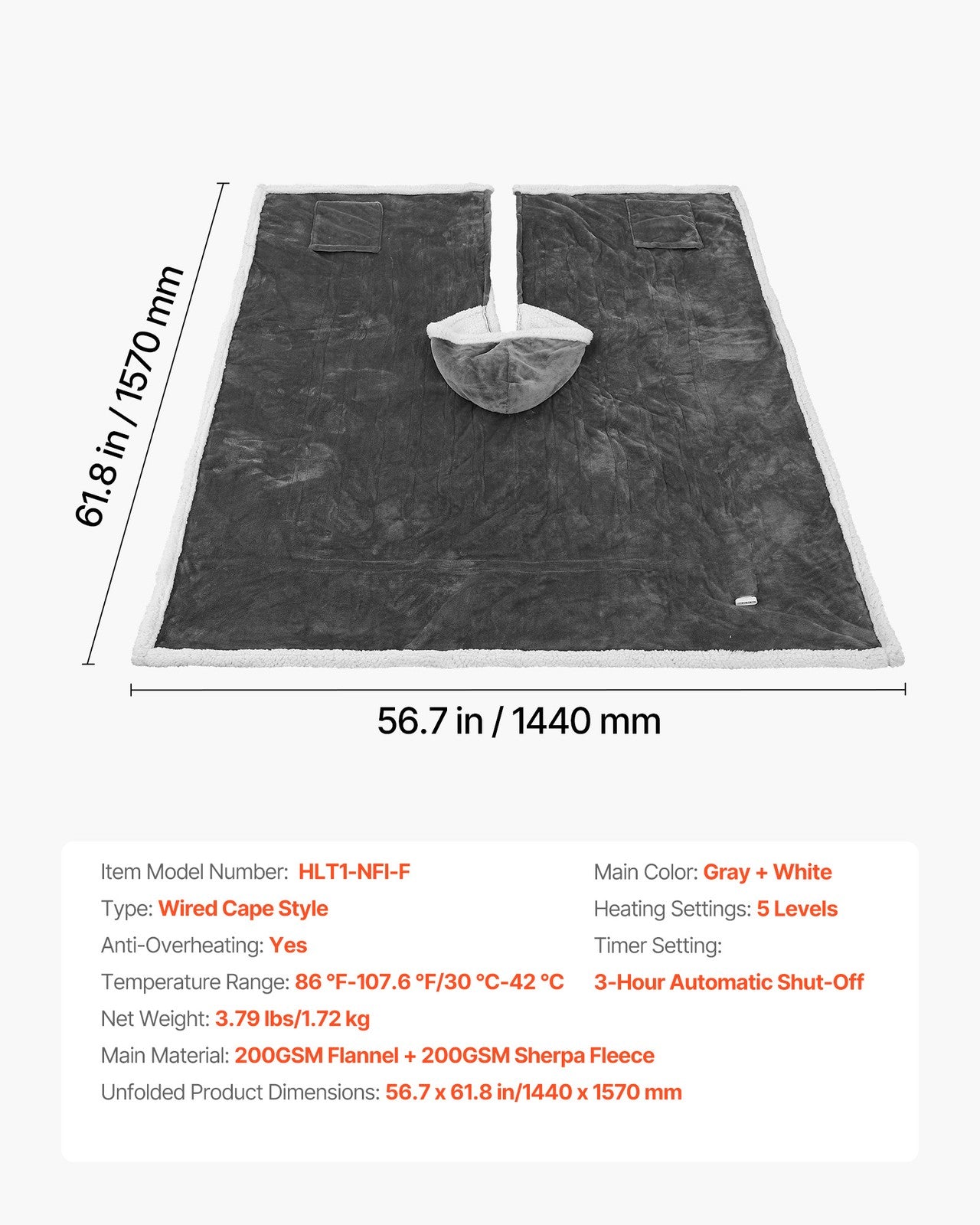 VEVOR Heated Wearable Blanket Electric Shawl Hoodie 5 Heat Levels Auto Shut Off