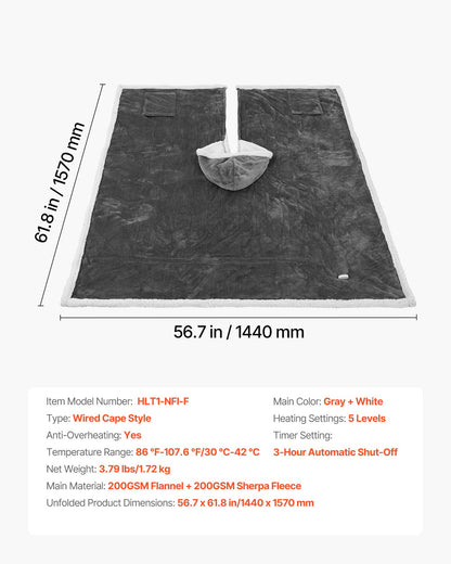 VEVOR Heated Wearable Blanket Electric Shawl Hoodie 5 Heat Levels Auto Shut Off